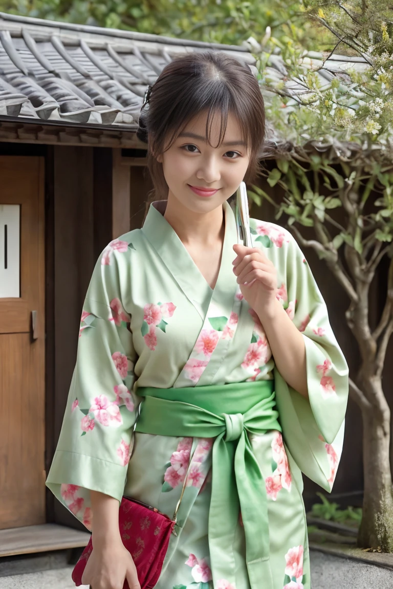 (Pose: The woman is standing outdoors, holding a bowl of green tea dessert with one hand and a spoon in the other, ready to take a bite. She is slightly angled towards the camera, giving a candid and natural look.)

(Angle: The angle is a mid-shot, focusing on her upper body and capturing the background details of a traditional Japanese street. The lighting is soft and natural, highlighting her and the surroundings beautifully.)

(Expression: She has a pleasant and slightly surprised expression, with her mouth slightly open as she looks at the camera. Her expression adds a sense of spontaneity and charm to the scene.)

(Outfit: The woman is dressed in a beautiful floral-patterned yukata (a casual summer kimono), with a green obi (belt) tied around her waist. She carries a matching green kinchaku (traditional Japanese drawstring bag), complementing her outfit and adding to the authenticity of the scene.)
