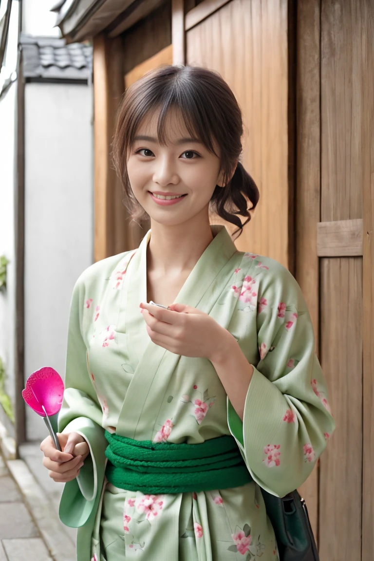 (Pose: The woman is standing outdoors, holding a bowl of green tea dessert with one hand and a spoon in the other, ready to take a bite. She is slightly angled towards the camera, giving a candid and natural look.)
(Angle: The angle is a mid-shot, focusing on her upper body and capturing the background details of a traditional Japanese street. The lighting is soft and natural, highlighting her and the surroundings beautifully.)
(Expression: She has a pleasant and slightly surprised expression, with her mouth slightly open as she looks at the camera. Her expression adds a sense of spontaneity and charm to the scene.)
(Outfit: The woman is dressed in a beautiful floral-patterned yukata (a casual summer kimono), with a green obi (belt) tied around her waist. She carries a matching green kinchaku (traditional Japanese drawstring bag), complementing her outfit and adding to the authenticity of the scene.)
