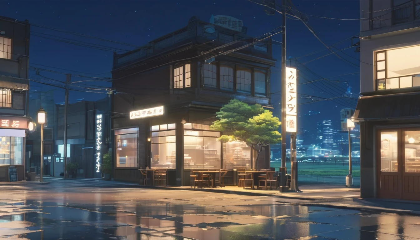Generate an image of a deserted street at night with a lofi aesthetic coffee shop, highlighting the illuminated sign and the lamp posts in the background, makoto shinkai&#39;conceptual artwork, tumblr, magical realism, cute anime dinners, cloudy sky, chilly. por Makoto Shinkai, ( ( makoto shinkai ) ), anime background art, anime backgrounds, makoto shinkai&#39;styled, anime movie backgrounds, sin humanos. background mais bem coerente 