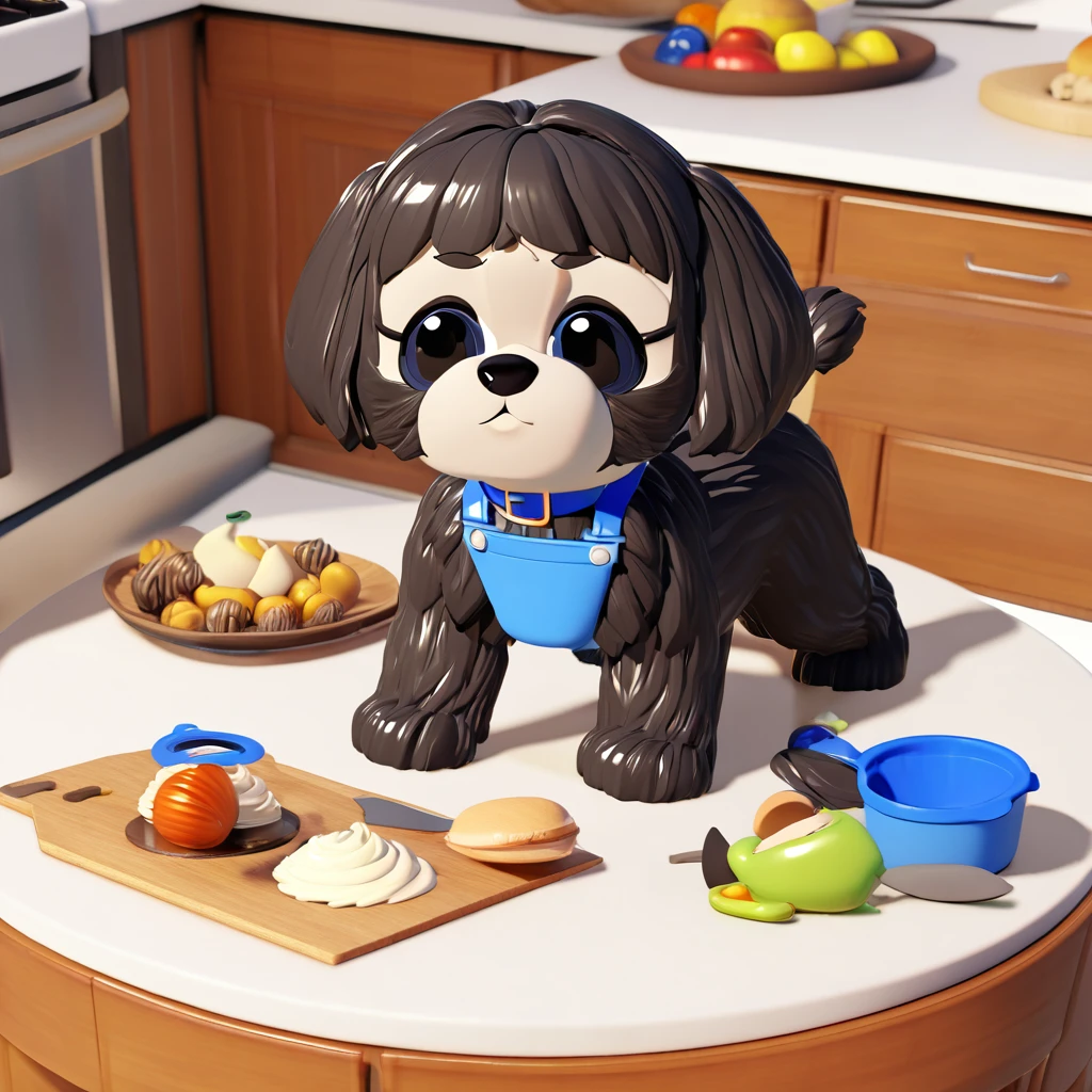 2 Adorable small black Shih Tzu puppies wearing blue collars playing with food making a mess in Disney kitchen 3d cartoon, 3d render, disney pixar style
