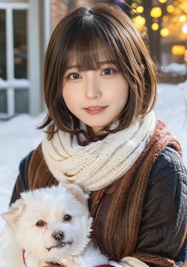 Being with a dog、Bonfire、Hair blowing in the wind、Medium Short Hair、Fluffy scarf in warm colors、Expressing the whiteness of one's breath、Photo from the waist up、Night city illumination shot、Cowgirl Shot、Fur coat、豪華なグレーのミンクのFur coat、Wear fine leather boots、Luxury Bags、Inner turtleneck、Silver necklace and small silver earrings Millionaire style:1.4))、Full body photo、smile、 Caustics、Highly detailed photos、Very beautiful woman 、Ample breasts、No makeup、(8K、RAW Photos、Highest quality、masterpiece:1.2)、(Realistic、Realistic)、1 Girl、((Medium Short Hair、Midwinter、Cold region Snow falling、The wind is blowing、Fluttering Hair、Blur the background、Colorful illuminations、Looking into the camera:1.4))、