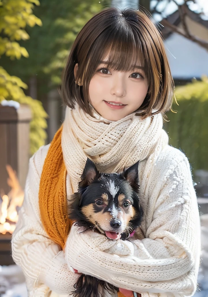Being with a dog、Bonfire、Hair blowing in the wind、Medium Short Hair、Fluffy scarf in warm colors、Expressing the whiteness of one's breath、Photo from the waist up、Night city illumination shot、Cowgirl Shot、Fur coat、豪華なグレーのミンクのFur coat、Wear fine leather boots、Luxury Bags、Inner turtleneck、Silver necklace and small silver earrings Millionaire style:1.4))、Full body photo、smile、 Caustics、Highly detailed photos、Very beautiful woman 、Ample breasts、No makeup、(8K、RAW Photos、Highest quality、masterpiece:1.2)、(Realistic、Realistic)、1 Girl、((Medium Short Hair、Midwinter、Cold region Snow falling、The wind is blowing、Fluttering Hair、Blur the background、Colorful illuminations、Looking into the camera:1.4))、