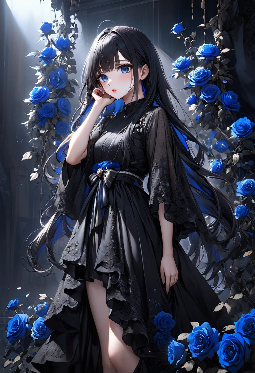 Full Body View, Elevation, Beautiful attention to detail, Beautiful lip detail, Highly detailed eyes and face, Long eyelashes, beautiful and cute young girl, Princess of the Underworld, dark表情, Depressed face, look up, Put your hand over your mouth, White and black gradient hair, Through the bangs, Flowing Hair, Decorated with blue-black roses黒人の薄いベール, Decorated with blue-black roses、Very beautiful black dress, dark地下世界の背景, (Highest quality,16K,High resolution,masterpiece:1.2),Super detailed,(Ultra-realistic,Photorealistic:1.37),High resolution,超High resolution,Studio Lighting,Ultra-fine painting,Sharp focus,Physically Based Rendering,Very detailed explanation,Professional,Vibrant colors,Japanese anime style,Dramatic lighting,Chiaroscuro,mysterious,melancholy,dark,Surreal,Fantasy