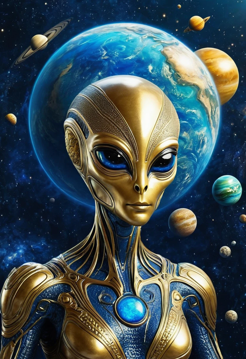 Artistic creativity:1.5,Golden Alien Portrait,Many planets array,Blue Background,Planet Decoration,Artistic Creativity:1.37