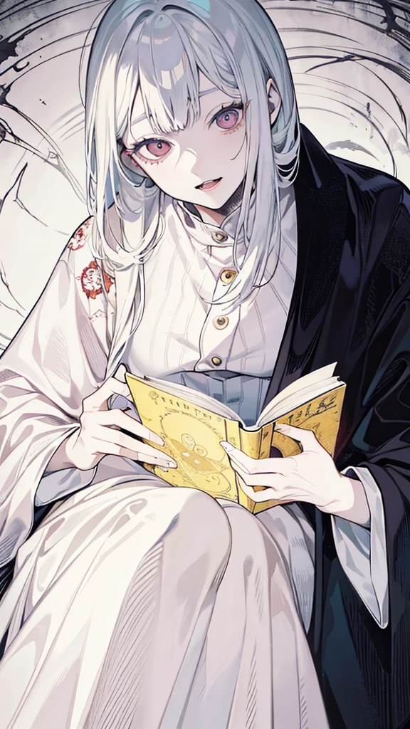 Close-up of a person holding a book with a creepy face., horror manga, horror illustration, horror wallpaper aesthetic, Junji, this work of art, horror!! Highly detailed, horror art, elegant horror artwork, ( ( ( horror art ) ) ), horror fantasy art, This is Junji's art style., detailed 4k horror artwork, nightmare illustration, horror concept art