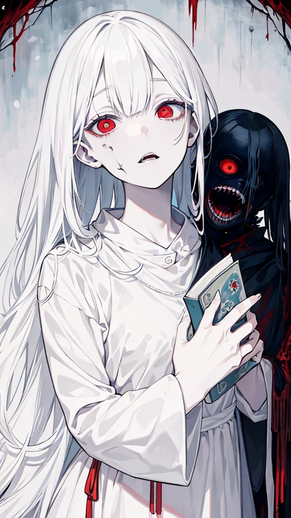 Close-up of a person holding a book with a creepy face., horror manga, horror illustration, horror wallpaper aesthetic, Junji, this work of art, horror!! Highly detailed, horror art, elegant horror artwork, ( ( ( horror art ) ) ), horror fantasy art, This is Junji's art style., detailed 4k horror artwork, nightmare illustration, horror concept art