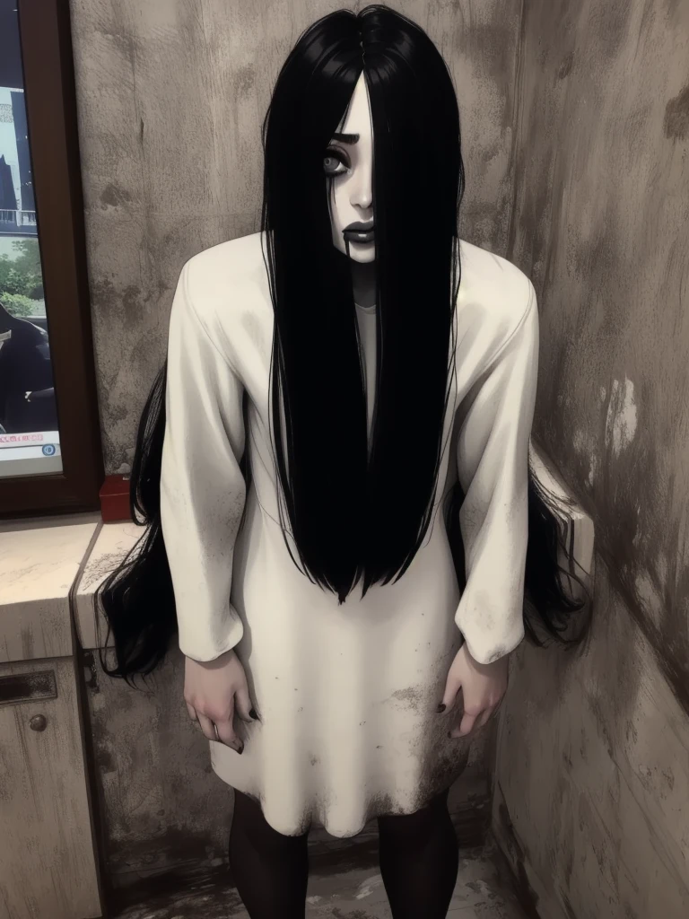 Sadako,  long black hair, facing viewer,  pale skin, hair over eyes,
White dress, long sleeves ,dirty clothes,     
solo, standing,  short, ねんどろいど、かわいい、
dark room, large TVs,    
(insanely detailed, beautiful detailed face, masterpiece, best quality)  