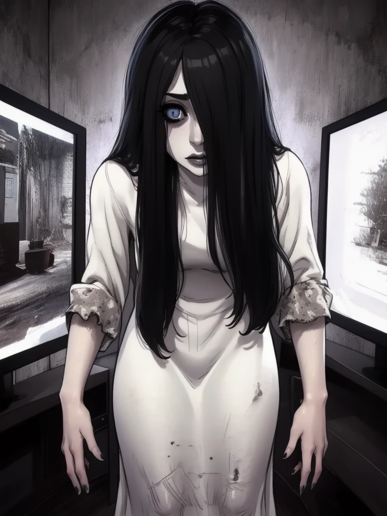 Sadako, long black hair, facing viewer, pale skin, hair over eyes,
White dress, long sleeves ,dirty clothes,
solo, standing, short,
dark room, large TVs,
(insanely detailed, beautiful detailed face, masterpiece, best quality)