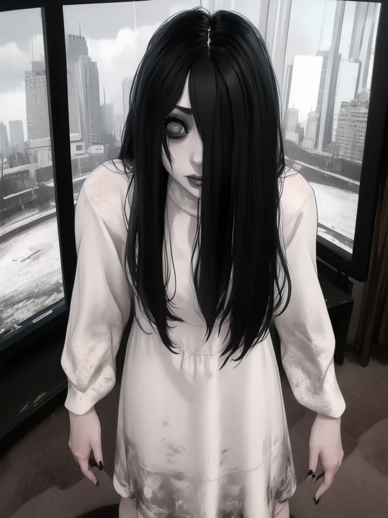 Sadako,  long black hair, facing viewer,  pale skin, hair over eyes,
White dress, long sleeves ,dirty clothes,     
solo, standing,  short, 
dark room, large TVs,    
(insanely detailed, beautiful detailed face, masterpiece, best quality)  