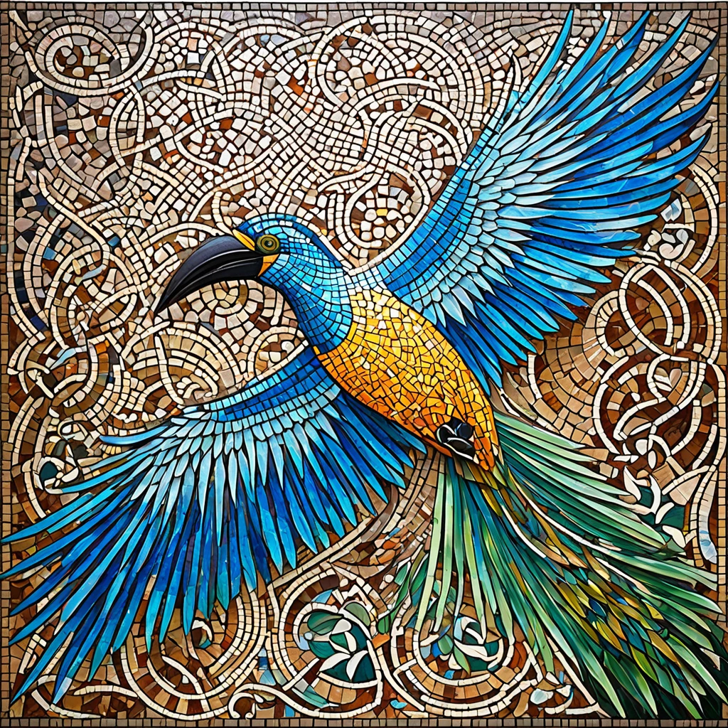 mosaic art, mosaic inspired image designs with intricate tile patterns, battles with super big birds of paradise