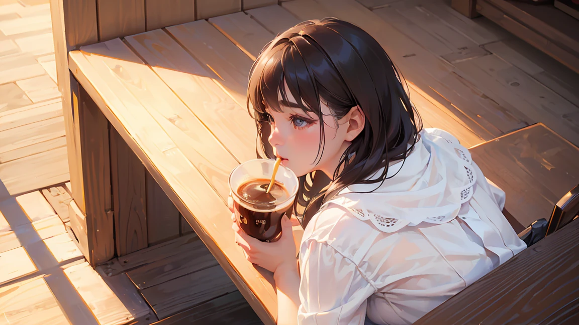 (Highest quality,4K,8K,High resolution,masterpiece:1.2),Super detailed,(Realistic,photoRealistic,photo-Realistic:1.37),Back view of a woman drinking coffee、Cafe、noon、
