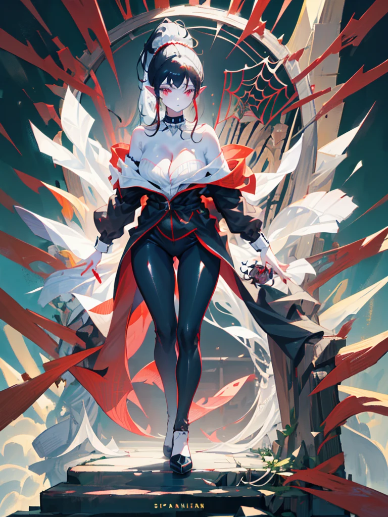 ((masterpiece)), ((super detailed)), Beautiful, beautify, super pretty, ((pale skin)), pale, white skin, (pointy ears), (red eyes), (black hair), (ponytail), web motif, spider webs, spider web design, black and white bodysuit, bare shoulders, white top, ((cleavage)), amused, black shawl, off shoulder shawl, bare shoulders, earrings, solo, ((solo)), mature woman, ((adult)), mature, age 30, (mature), dramatic lighting, grown up, adult, ((mature)), ((mother)), ((adult)), adult, (grown up), fashionable, (tight white top), black leggings, ((spider web design)), black and white clothes