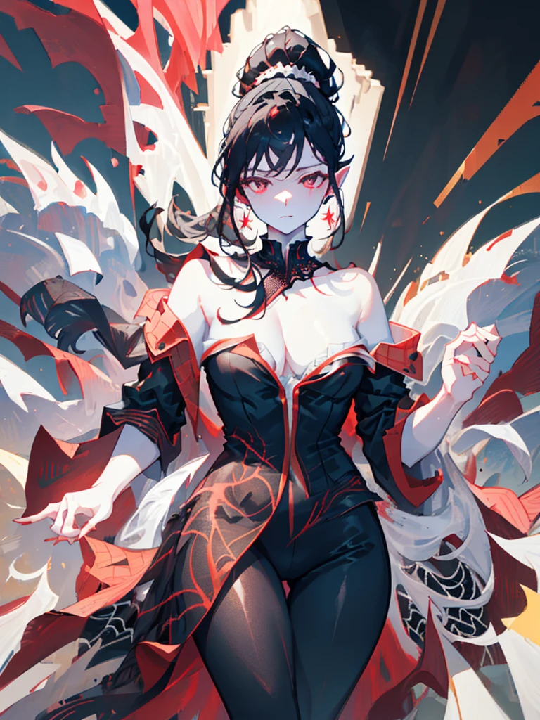 ((masterpiece)), ((super detailed)), Beautiful, beautify, super pretty, ((pale skin)), pale, white skin, (pointy ears), (red eyes), (black hair), (ponytail), web motif, spider webs, spider web design, black and white bodysuit, bare shoulders, white top, ((cleavage)), amused, black shawl, off shoulder shawl, bare shoulders, earrings, solo, ((solo)), mature woman, ((adult)), mature, age 30, (mature), dramatic lighting, grown up, adult, ((mature)), ((mother)), ((adult)), adult, (grown up), fashionable, (tight white top), black leggings, ((spider web design)), black and white clothes
