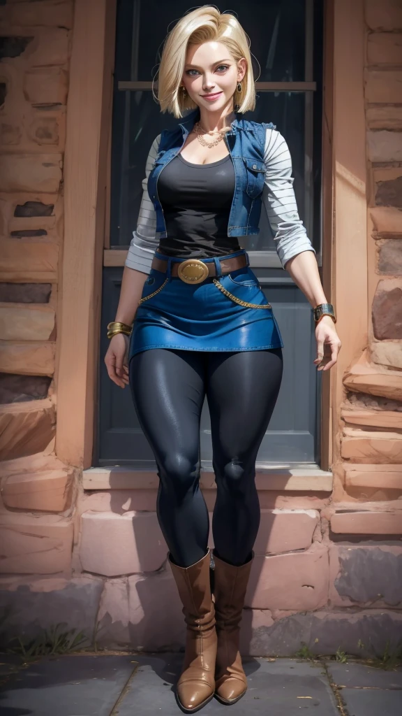 best quality, highres, and18, 1girl, android 18, solo girl, 1girl, blonde hair, blue eyes, belt, boots, tight blue demin skirt, gold_necklace, black shirt, short hair, long striped sleeves, earrings, open vest, denim vest, medium breasts, cowboy shot, mountains, straight-on, (weather: raining and windy), wet body, sexy smile, combat stance, full length pantyhose, battle ruins, wide hips, thick legs, torn clothes, closed fists,