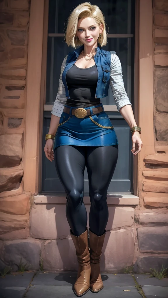 best quality, highres, and18, 1girl, android 18, solo girl, 1girl, blonde hair, blue eyes, belt, boots, tight blue demin skirt, gold_necklace, black shirt, short hair, long striped sleeves, earrings, open vest, denim vest, medium breasts, cowboy shot, mountains, straight-on, (weather: raining and windy), wet body, sexy smile, combat stance, full length pantyhose, battle ruins, wide hips, thick legs, torn clothes, closed fists,