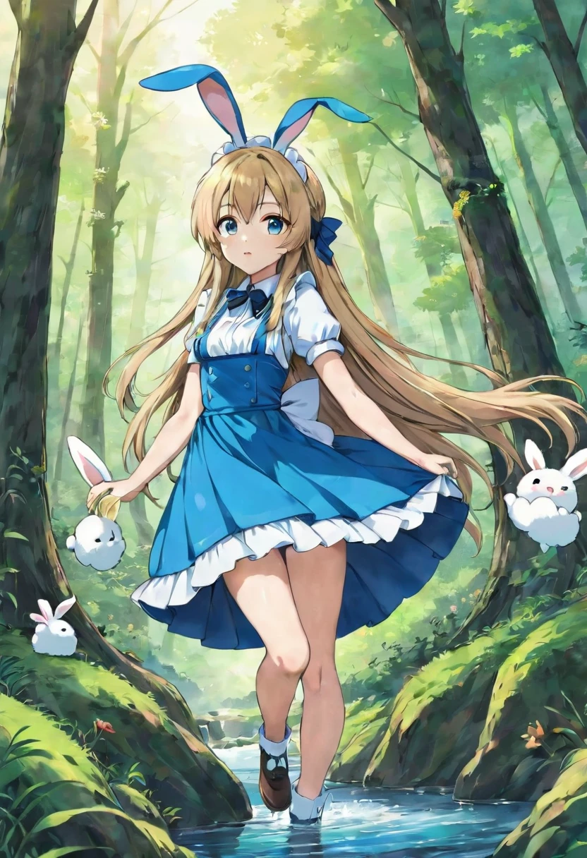 anime girl in a blue dress with long hair and rabbit ears, splash art anime , Magical Forest Maid, anime style 4k yen, anime! 4K, anime! 4k yen, anime art wallpaper 8 k, anime art wallpaper 4K, anime art wallpaper 4k yen, 4k yen manga wallpaper, Official artwork, anime lush john 8k woods