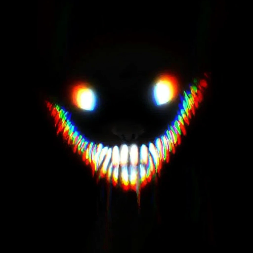 Dark-colored creature with an evil disturbing smile and a full adult body