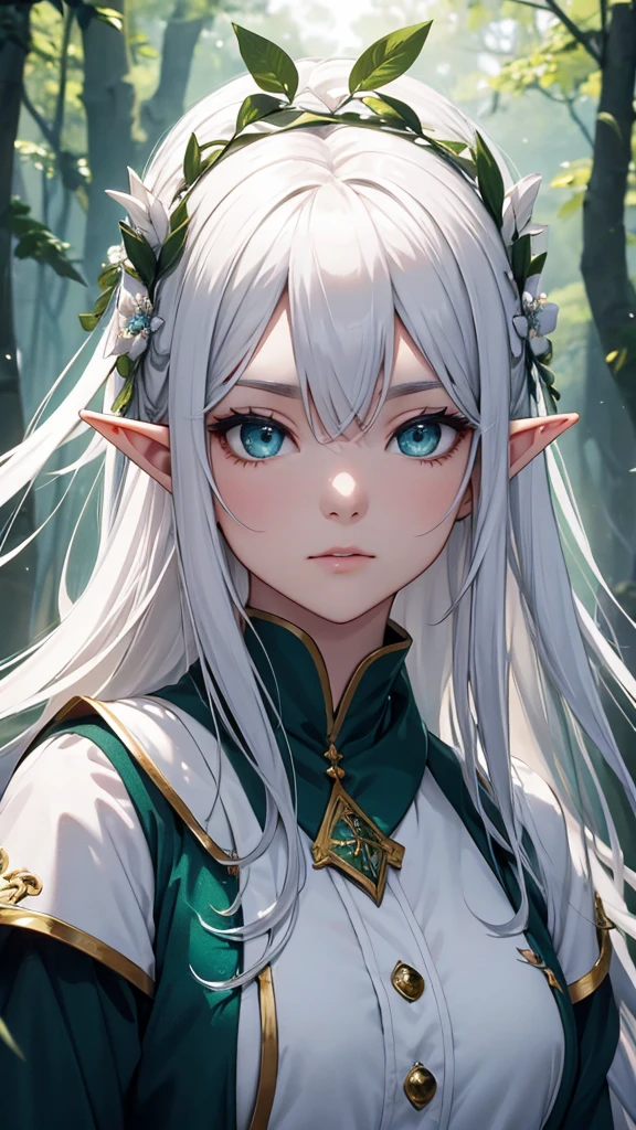 Elf　Very beautiful dress　Light　Silver Hair Girl　high and cold expression　Green Forest　magic　masterpiece超高清牛仔镜头 明亮的画面,暖色Light,神圣的Elf,Around 20 years old,Floating in the air,Top quality,Top image quality,masterpiece,Exquisite facial details