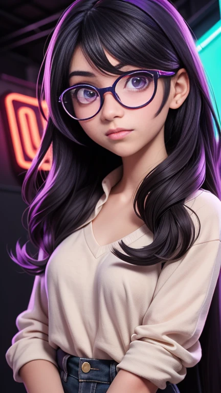 (anime art of A 18-Year-Old girl with long black hair and neon purple eyes. She wears glasses, with round lenses, and she's wearing a simple oversized hoodie and a pair of black leggings.. Behind her is a black background:1.2), masterpiece, 4K, Best quality, anime art, example