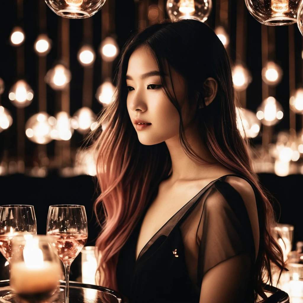 high quality, 8K Ultra HD, A beautiful double exposure that combines ((Black ink diffusing in water silhouette)) , with a beautiful French-Chinese girl,21yo, windy tousling her rose gold straight hair among the photo flashlights in gala dinner party should serve as the underlying backdrop, with its details incorporated into the luxurious event, musical band background, The background is monochrome, sharp focus, double exposure, awesome full color,