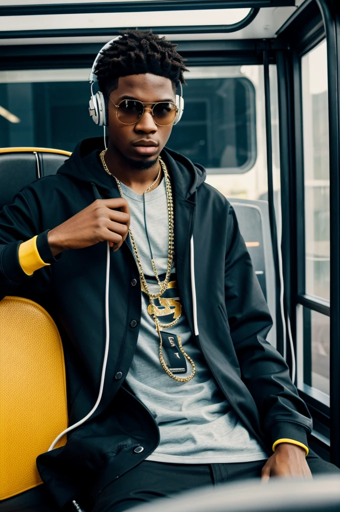 Rapper boy with aestetic andegraund clothes,listening to hip hop,with headphones on centered on the bus.