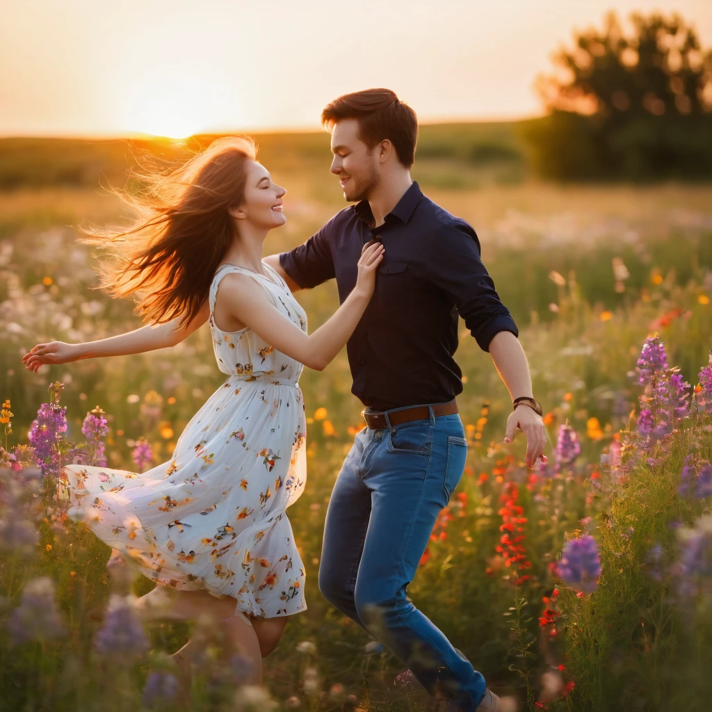 Beautiful girl and guy dancing, love field, wildflowers, sunset, soft light , breeze, beautiful nature, professional photo