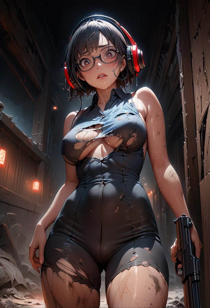 ((top-quality)), ((​masterpiece)), ((ultra-detailliert)), (extremely delicate and beautiful), Digital art, (extremely detailed fine touch:1.3), (2D:1.3), dark lighting, horror movie scene, 1girl, solo, short hair, torn clothed, (((under-rimmed glasses:1.3))), (headphones:1.3), medium , bare arms, The background is a typical Japanese high sclool with horror movie setting, holding guns, dirty skin, sweaty