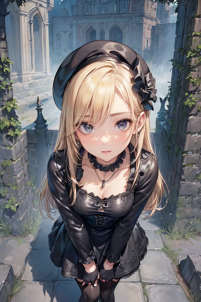 ((Biologically correct limb count))、(( From head to toe、Full-body photo including face))、4K、((Standing position))、masterpiece、((Focus on the face))、((Symmetrical facial features))、Eyes with detailed description、Beautiful woman、Great style、Beautiful arms、Beautiful legs、Beautiful Hands、(Small Ass、Thin thighs）、Facial detailing、Small earrings、necklace、(beret、Red and black leather gothic dress、((High heels、Patterned stockings))）、((Standing in front of an old castle in the daytime sun, looking up))、Close-up photo of the upper body、Silk gloves、(((Blonde)))、(Thick fog)、Realistic photo