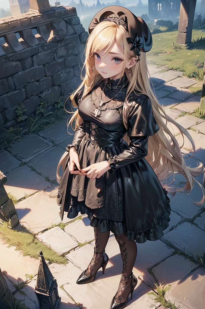 ((Biologically correct limb count))、(( From head to toe、Full-body photo including face))、4K、((Standing position))、masterpiece、((Focus on the face))、((Symmetrical facial features))、Eyes with detailed description、Beautiful woman、Great style、Beautiful arms、Beautiful legs、Beautiful Hands、(Small Ass、Thin thighs）、Facial detailing、Small earrings、necklace、(beret、Red and black leather gothic dress、((High heels、Patterned stockings))）、((Standing in front of an old castle in the daytime sun, looking up))、Close-up photo of the upper body、Silk gloves、(((Blonde)))、(Thick fog)、Realistic photo
