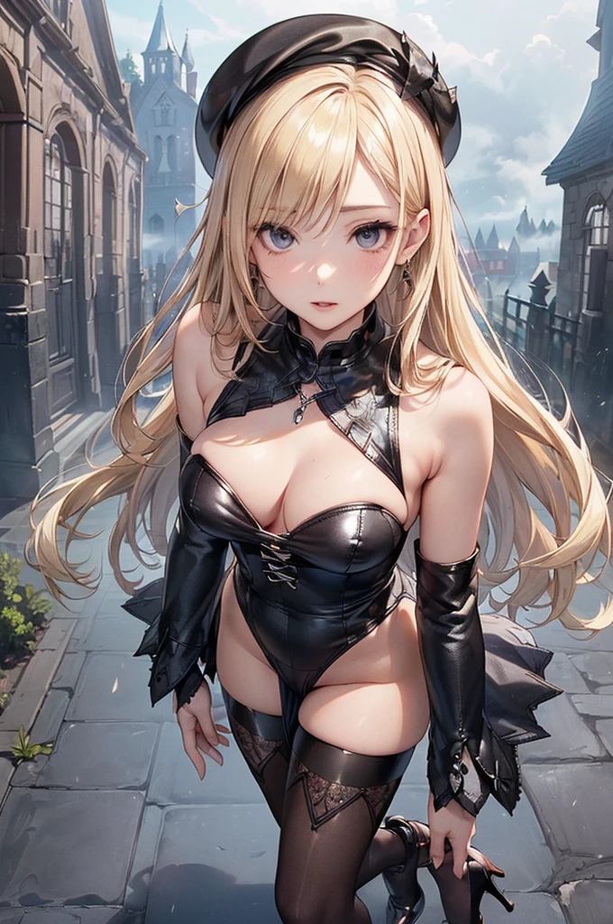 ((Biologically correct limb count))、(( From head to toe、Full-body photo including face))、4K、((Standing position))、masterpiece、((Focus on the face))、((Symmetrical facial features))、Eyes with detailed description、Beautiful woman、Great style、Beautiful arms、Beautiful legs、Beautiful Hands、(Small Ass、Thin thighs)、Facial detailing、Small earrings、necklace、(beret、Red and black leather gothic dress、((High heels、Patterned stockings)))、((Standing in front of an old castle in the daytime sun, looking up))、Close-up photo of the upper body、Silk gloves、(((Blonde)))、(Thick fog)、Realistic photo