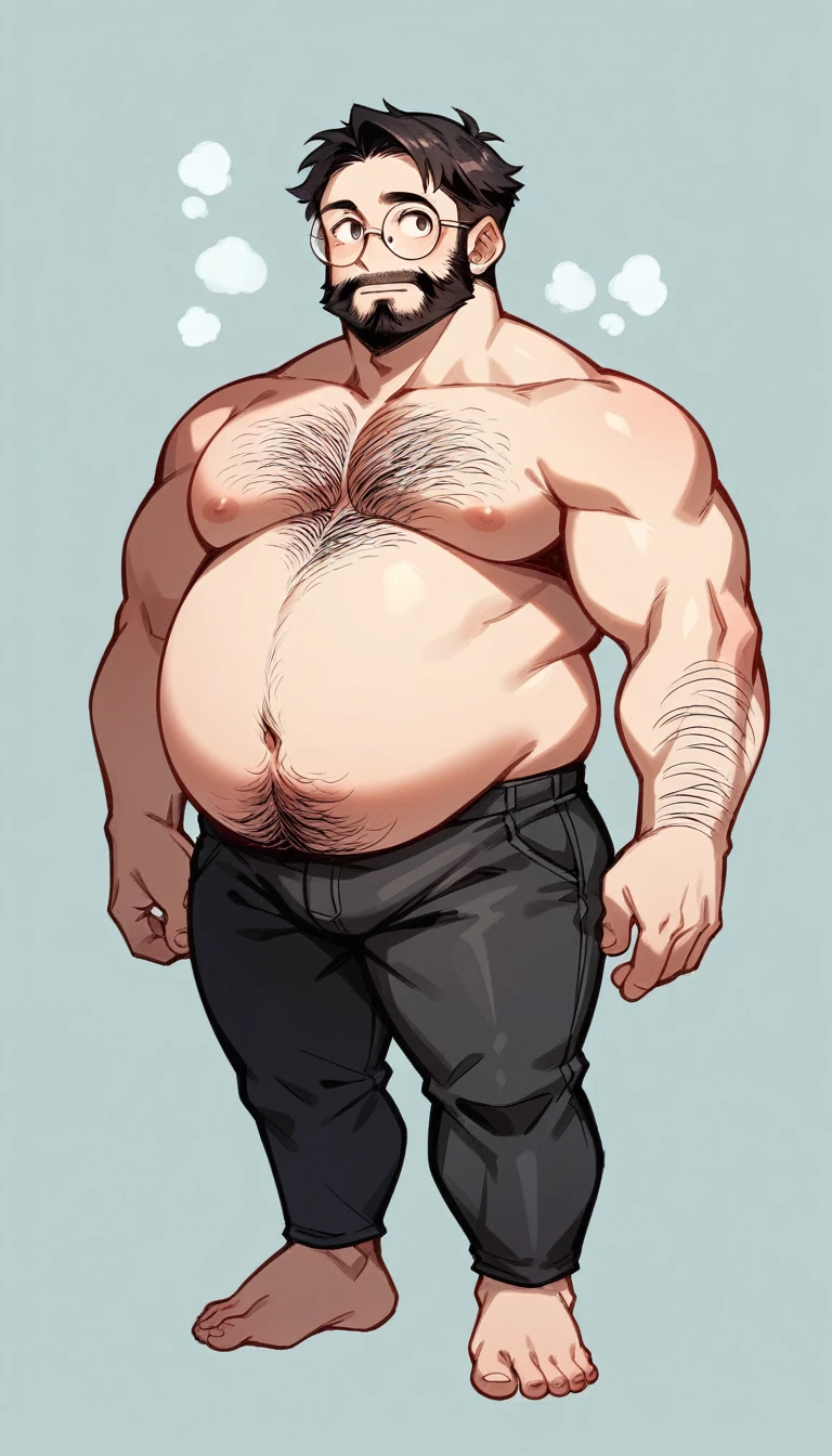 A cute fat man, with charming big eyes, short hair, big round face, round face, short double chin, beard, very hairy chest, black round-rimmed glasses, very developed chest, fat belly, bare upper body, standing on Rainbow Island, black shorts, bare feet, super clear picture quality, China oriental male, full body photo.