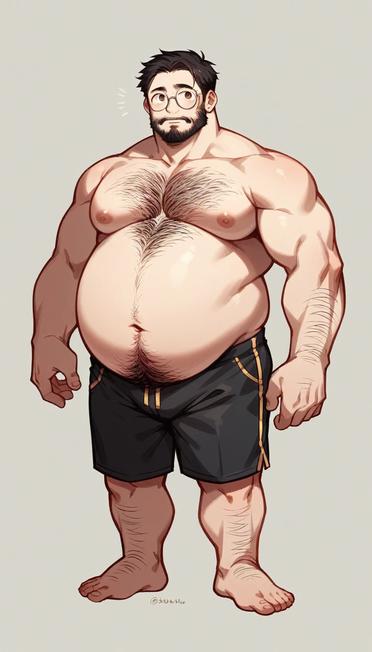 A cute fat man, with charming big eyes, short hair, big round face, round face, short double chin, beard, very hairy chest, black round-rimmed glasses, very developed chest, fat belly, bare upper body, standing on Rainbow Island, black shorts, bare feet, super clear picture quality, China oriental male, full body photo.