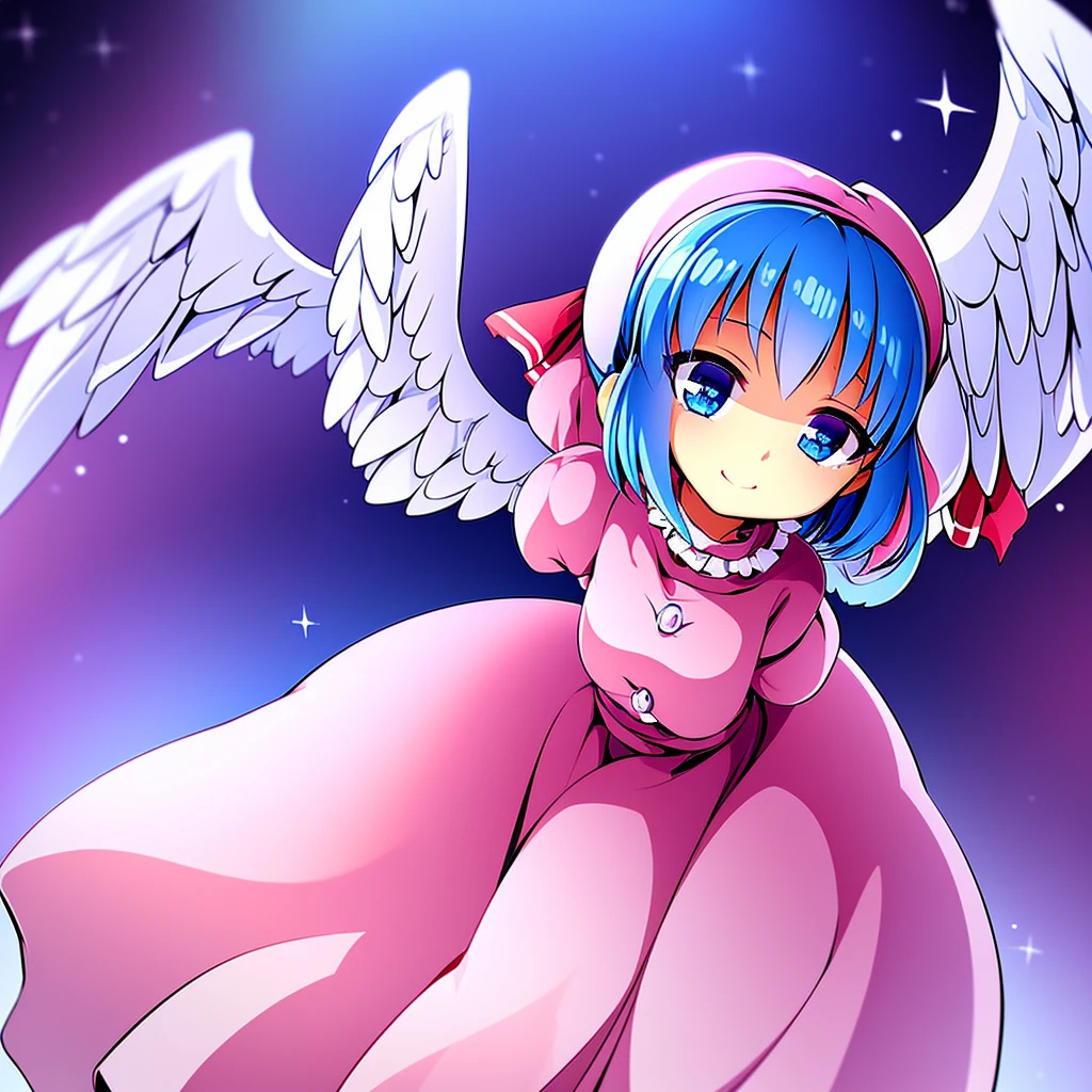 masterpiece, best quality, 1girl, , , 10 years old, medium blue hair, hair flaps, pink ribbon on head, well-formed face, blue eyes, angel girl, white blouse, puffy short sleeves, red ribbon, angel wings, long white skirt, red shoes, frills, ribbon head