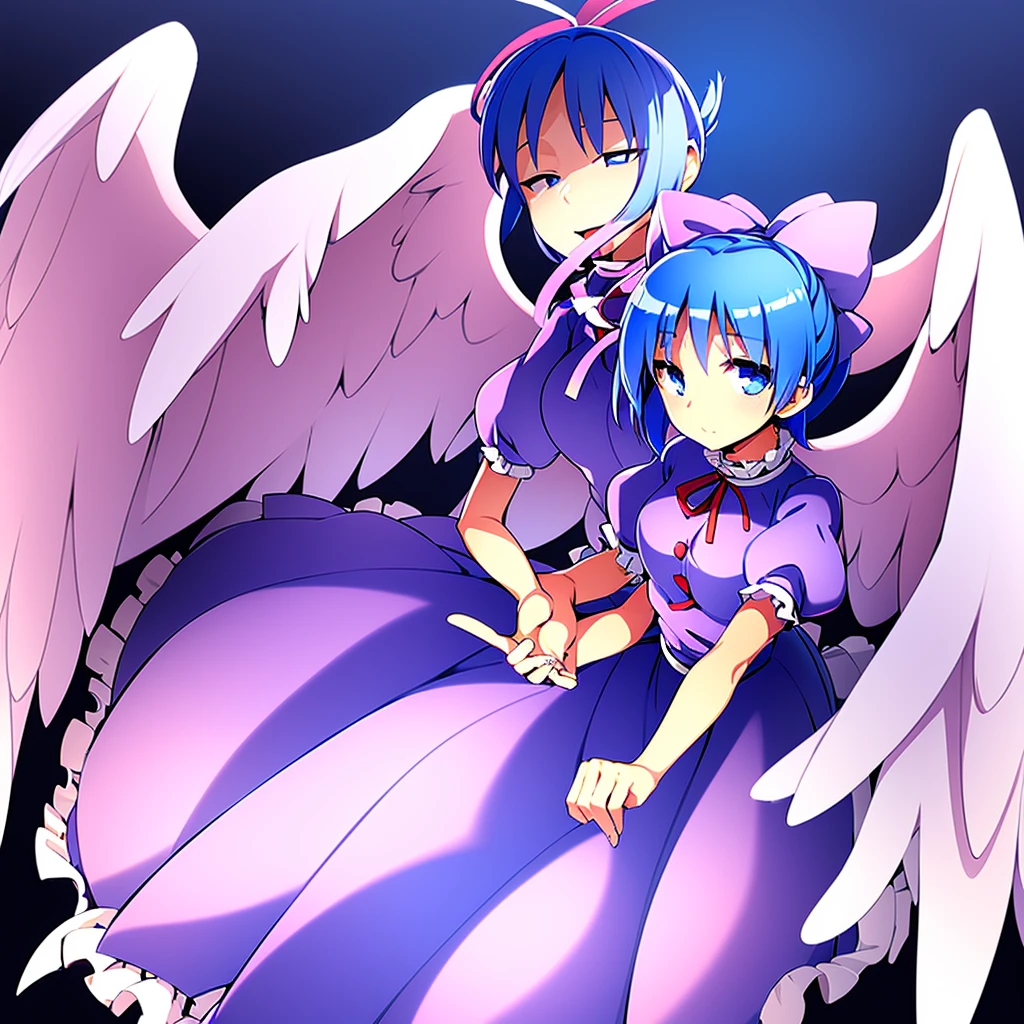 masterpiece, best quality, 1girl, , , 10 years old, medium blue hair, hair flaps, pink ribbon on head, well-formed face, blue eyes, angel girl, white blouse, puffy short sleeves, red ribbon, angel wings, long white skirt, red shoes, frills, ribbon head