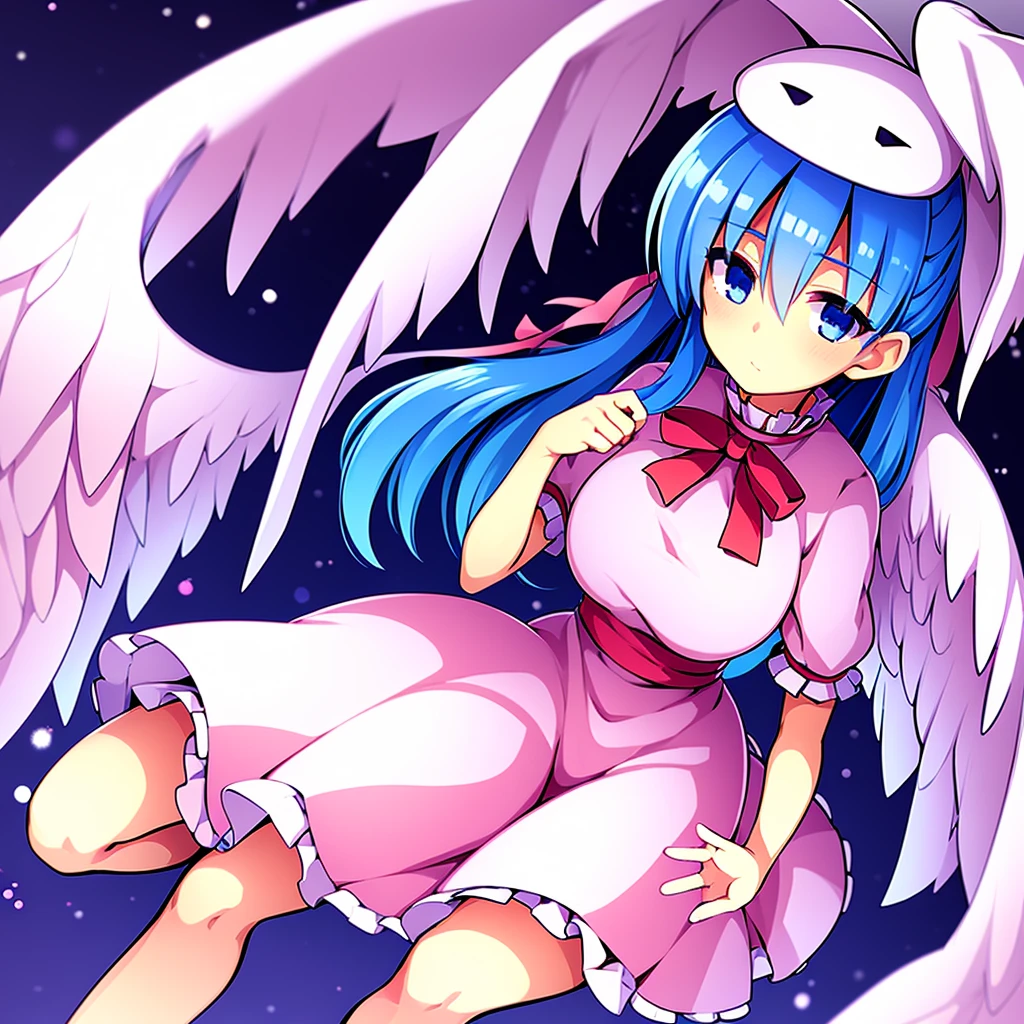 masterpiece, best quality, 1girl, , , 10 years old, medium blue hair, hair flaps, pink ribbon on head, well-formed face, blue eyes, angel girl, white blouse, puffy short sleeves, red ribbon, angel wings, long white skirt, red shoes, frills, ribbon head