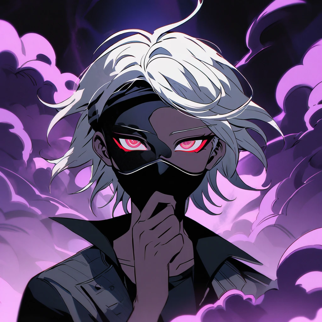 A boy with fair skin color, red eyes and short white hair with bangs covering his forehead. He wears a black mask that covers his mouth. The background is black with smoke and purple lights. Danganronpa Art Style.
