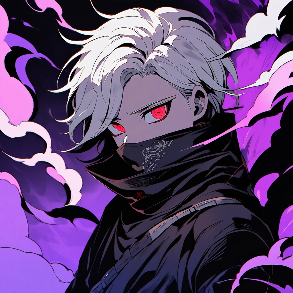 A boy with fair skin color, red eyes and short white hair with bangs covering his forehead. He wears a black mask that covers his mouth. The background is black with smoke and purple lights. Danganronpa Art Style.