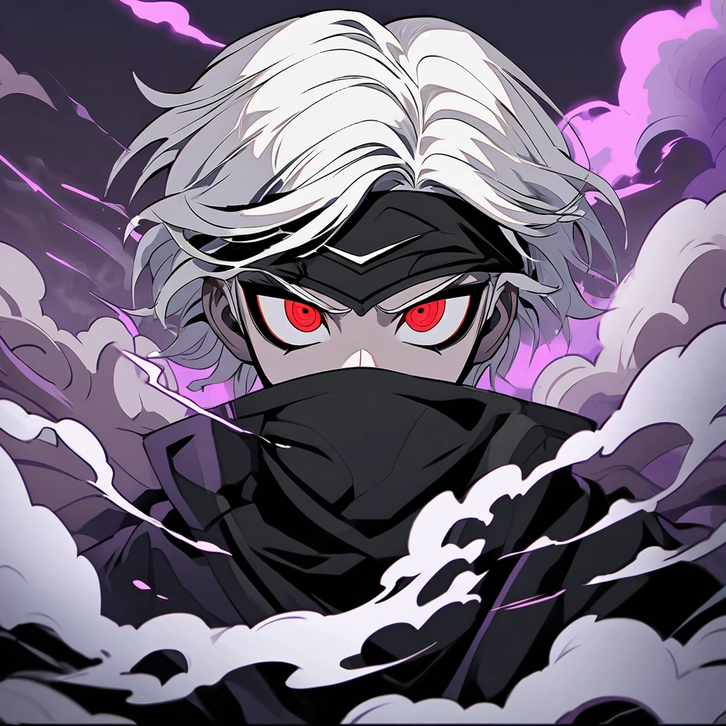 A boy with fair skin color, red eyes and short white hair with bangs covering his forehead. He wears a black mask that covers his mouth. The background is black with smoke and purple lights. Danganronpa Art Style.