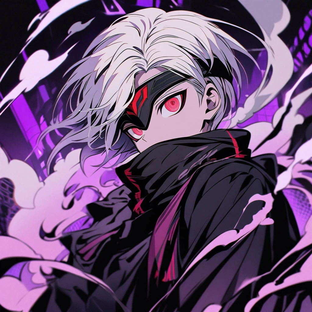 A boy with fair skin color, red eyes and short white hair with bangs covering his forehead. He wears a black mask that covers his mouth. The background is black with smoke and purple lights. Danganronpa Art Style.