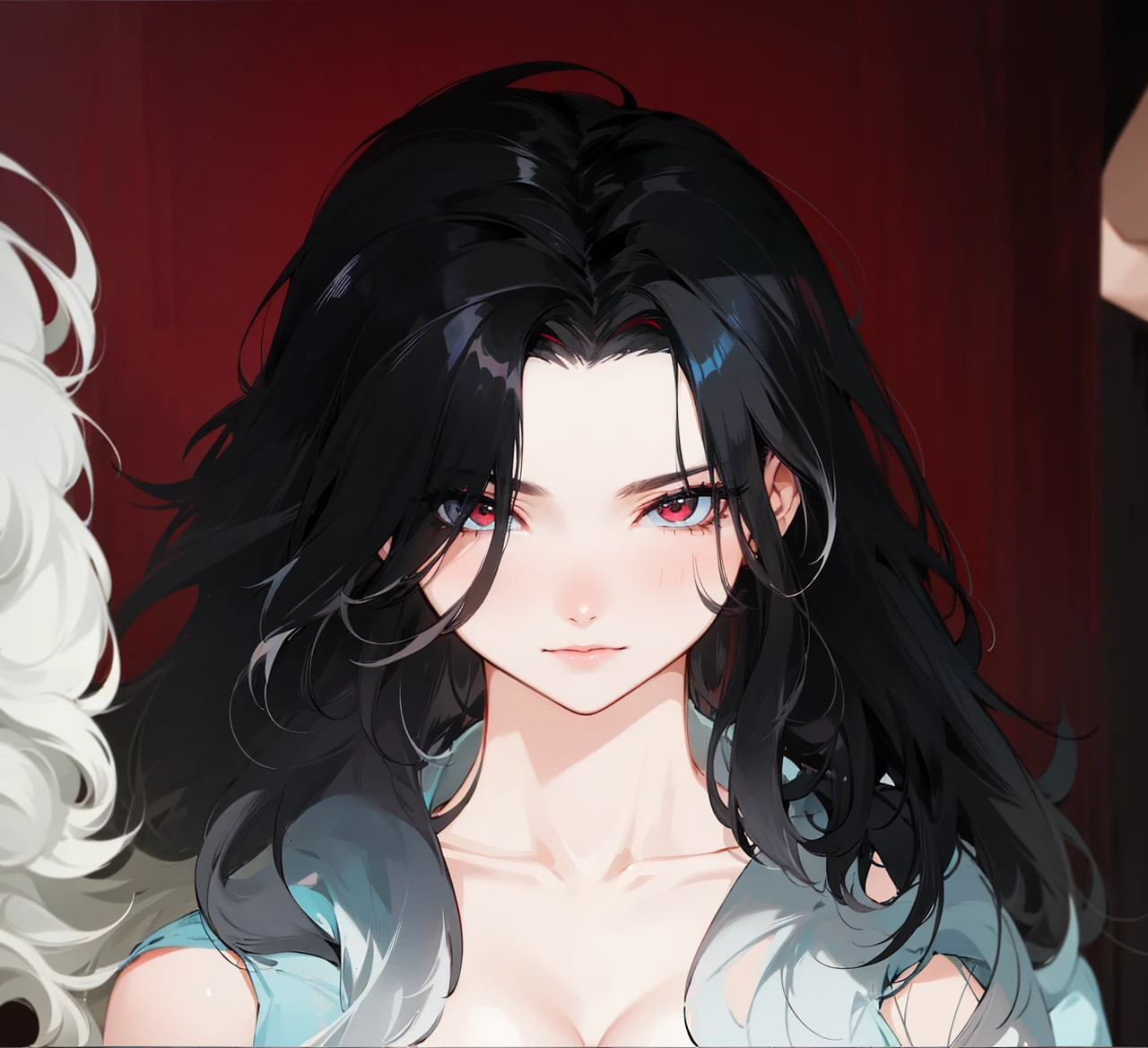 her hair is black and white, it is mix with curly and straight hair, add in some red streaks.