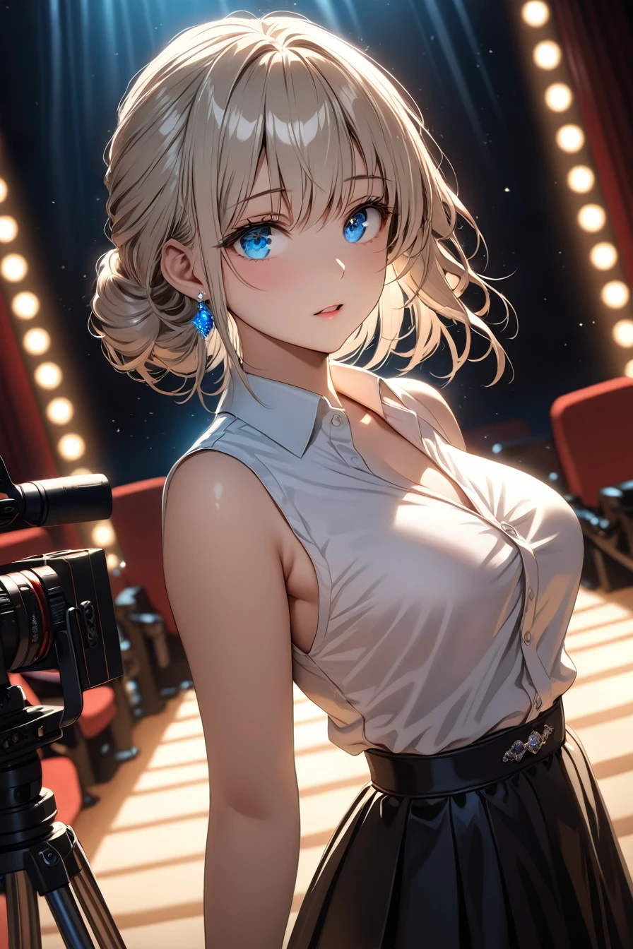 best quality, Ultra-high resolution, A girl, Sleeveless White Button-Down Shirt, Black skirt, Black necklace, Wear exquisite and luxurious accessories, elegant,(Platinum blonde hair:1), Blue Eyes，((Puffy eyes)), View your audience(Depth of field hdr 8k 4k wallpaper angle, Cinema Lighting,:1.5) (masterpiece, best quality:2.0)