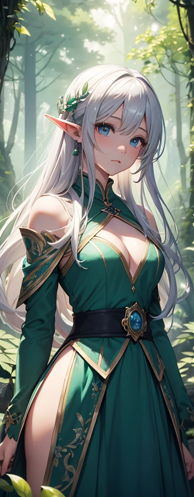 Elf Very beautiful dress Light Silver Hair Girl high and cold expression Green Forest magic masterpiece超高清牛仔镜头 明亮的画面,暖色Light,神圣的Elf,Around 20 years old,Floating in the air,Top quality,Top image quality,masterpiece,Exquisite facial details