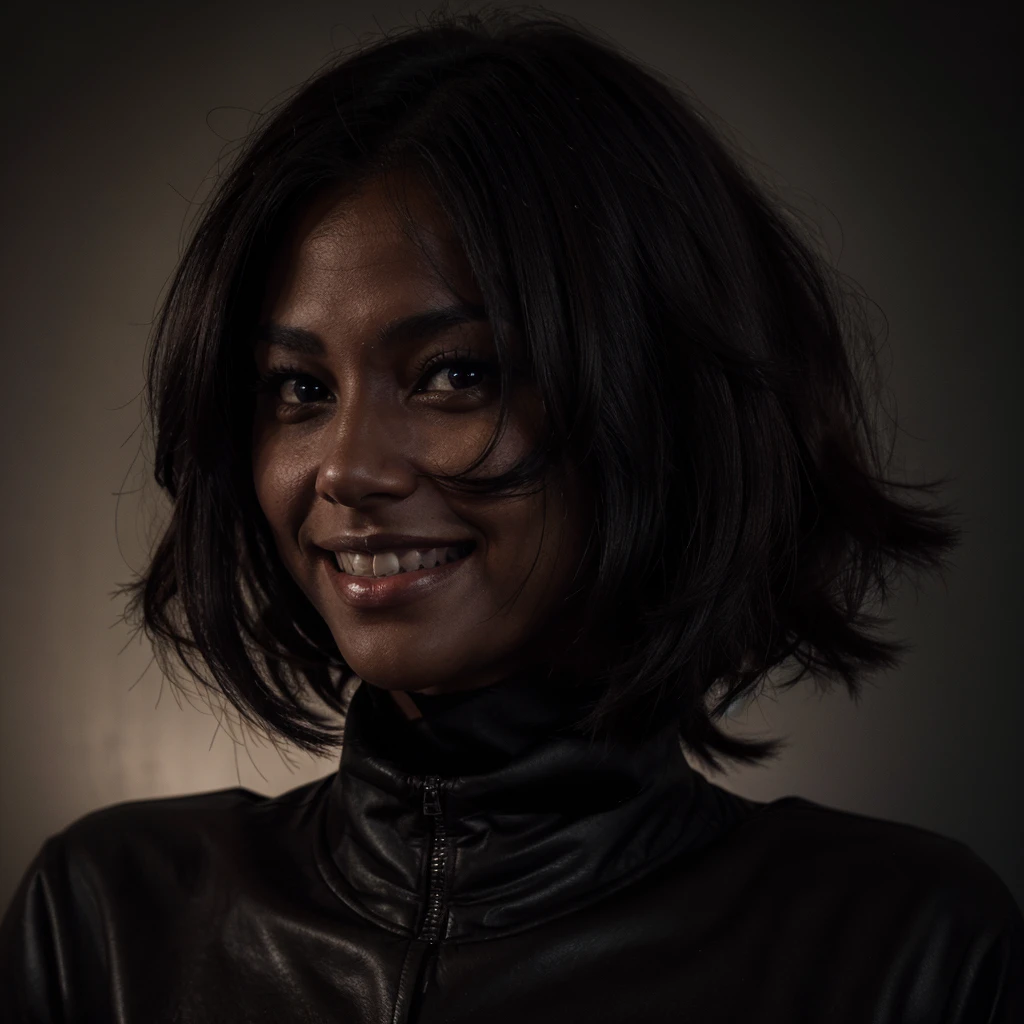 Dark-colored creature with an evil disturbing smile and a full adult body 