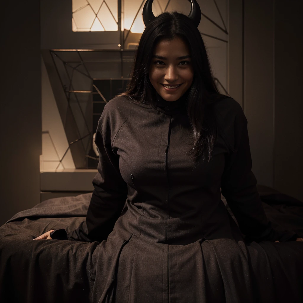 Dark-colored creature with an evil disturbing smile and a full adult body