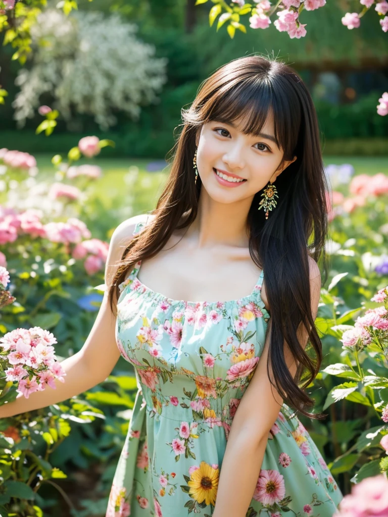 ((Masterpiece)), 8k, Masterpiece, Highest Quality, 1 Girl, Solo, Realistic, Garden, Photorealistic, Super Detailed, Detailed Background, (Solo: 1.4), Happy Expression, Slender Body, Realistic Highly detailed long hair, intricate details, masterpiece, top quality, waist shot, (flowery garden background)), smile, ((looking at camera)), earrings, long straight black hair, asymmetrical bangs, natural chest , colorful dress,