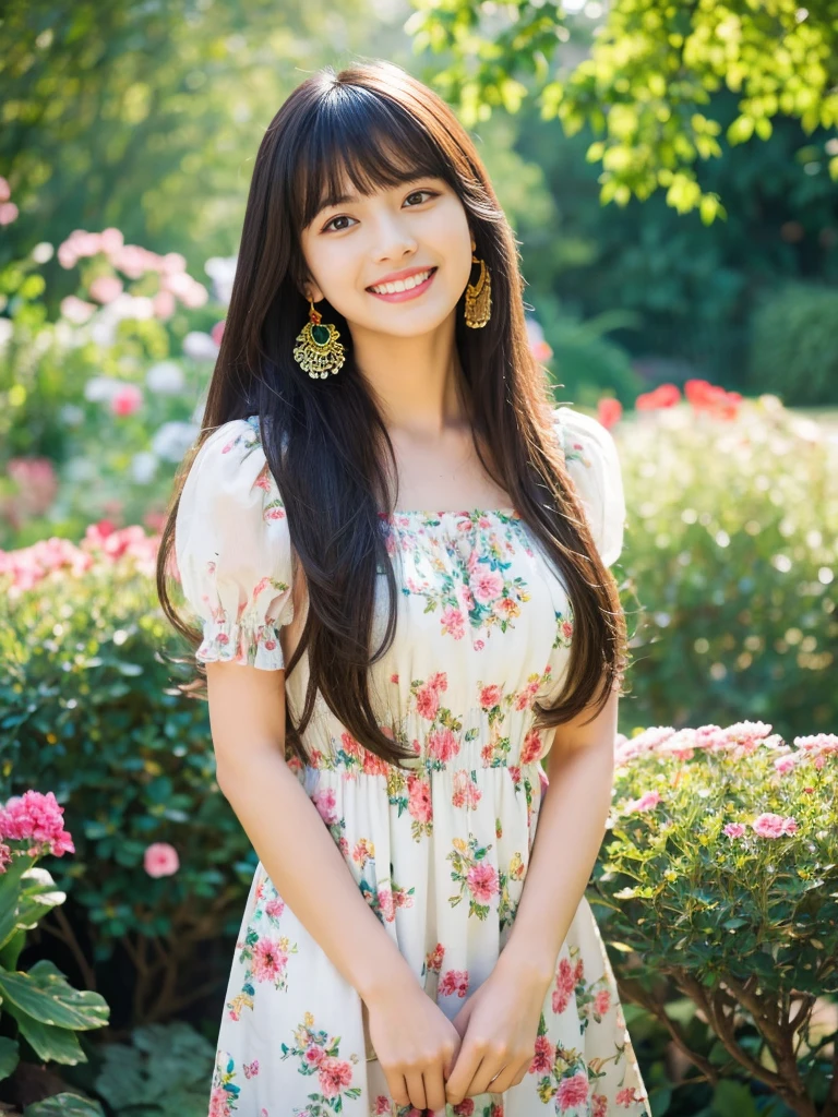 ((Masterpiece)), 8k, Masterpiece, Highest Quality, 1 Girl, Solo, Realistic, Garden, Photorealistic, Super Detailed, Detailed Background, (Solo: 1.4), Happy Expression, Slender Body, Realistic Highly detailed long hair, intricate details, masterpiece, top quality, waist shot, (flowery garden background)), smile, ((looking at camera)), earrings, long straight black hair, asymmetrical bangs, natural chest , colorful dress,
