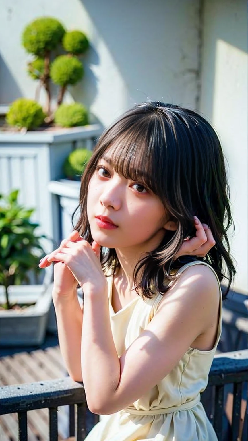 ((((detailed explanation)))),(((masterpiece、Highest quality、Very detailed:1.42、Focus on the eyes)))、Female in her late teens、Portraiture、Blurred cityscape at dusk、Silhouette of buildings and street lights Long dark brown hair、natural wavy curls、The wind is blowing softly、Hair falls down the side of the face、Skin is smooth、Healthy olive color、The tan lines are faintly visible、Natural redness on the cheeks、I have a few small laugh lines on my forehead.、Eyes with dark brown irises、The pupil is shining, Reflect light、Long curled eyelashes、Accentuate the eyes、Eyebrows are thin and trimmed、Natural Arch、Small Nose、straight、straight nose、lips are plump、soft pink lip gloss、Ultra-thin camisole、Barefoot and bare legs、A simple silver bracelet on her right wrist、A small diamond earring sparkles in her left ear...、The expression is calm、Be confident、smile、(((Emphasize the contrast between light and shadow)))、Realistic textures and facial details