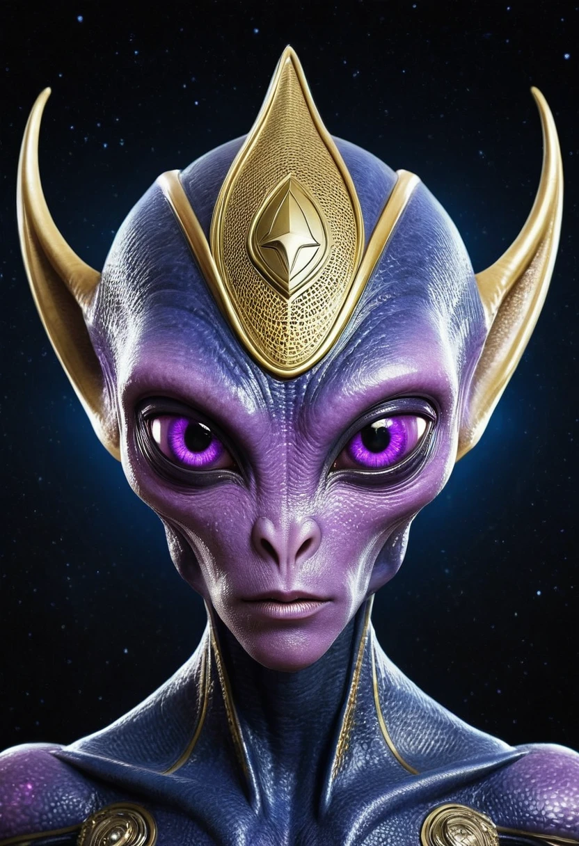 The symbol of the Federation, It is a golden circle,There is a six-pointed star inside, Navy blue skin,Golden crown,There is a golden circle and six-pointed star in the middle. A tall, thin, blue alien,Has a slender, light-colored head, Eye, Big nose, small,Slander enters a spaceship in a realistic futuristic alien costume, Super detailed aliens, pink、purple and alien, Looks like an alien, Alien Ete-Grey , Portrait of alien with big pupils. Almonds. Strange alien. Portrait of pink humanoid alien., An alien, Alien Portrait, Mixed race alien long head passionate alien, Characteristics of future aliens.