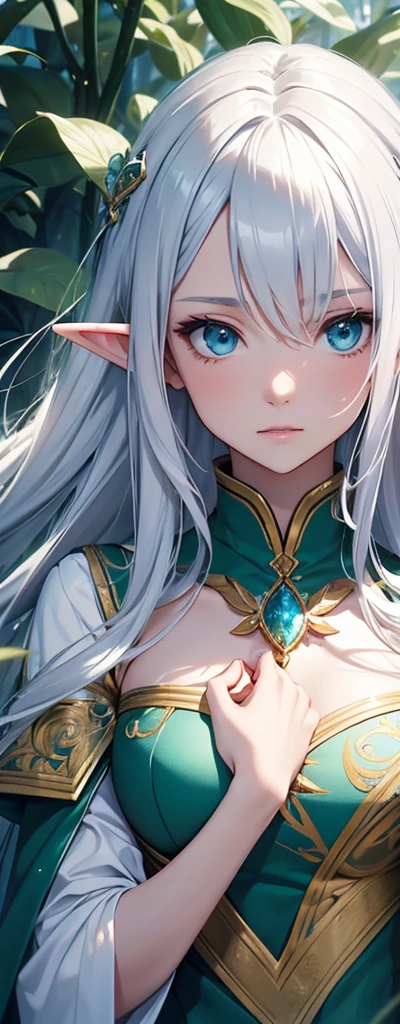 Elf　Very beautiful dress　Light　Silver Hair Girl　high and cold expression　Green Forest　magic　masterpiece超高清牛仔镜头 明亮的画面,暖色Light,神圣的Elf,Around 20 years old,Floating in the air,Top quality,Top image quality,masterpiece,Exquisite facial details