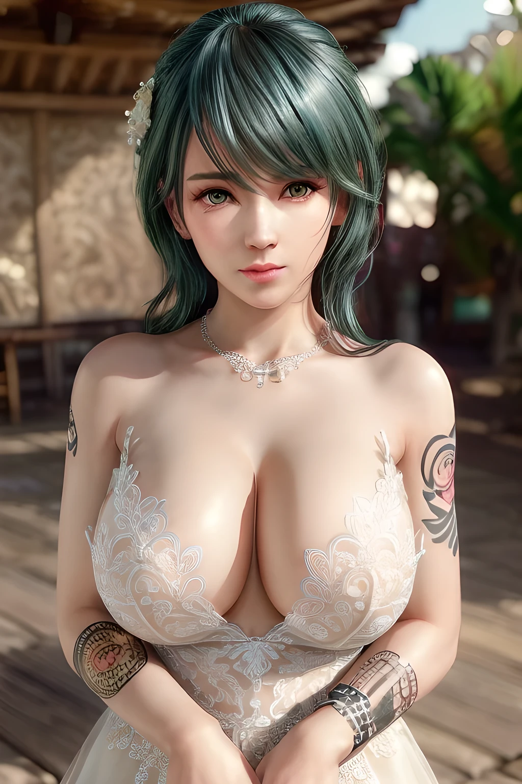 1girl,Tamaki,(Wearing Wedding_dress with Jewelry),(fashionable_Tattoos),(huge breasts),collarbone, cleavage,Detailed Hair,(Tattoos),(masterpiece:1.5),( best quality:1.4), ultra-detailed,(((realisetic))),8K,{ (photorealistic:1.37),movie soft light,